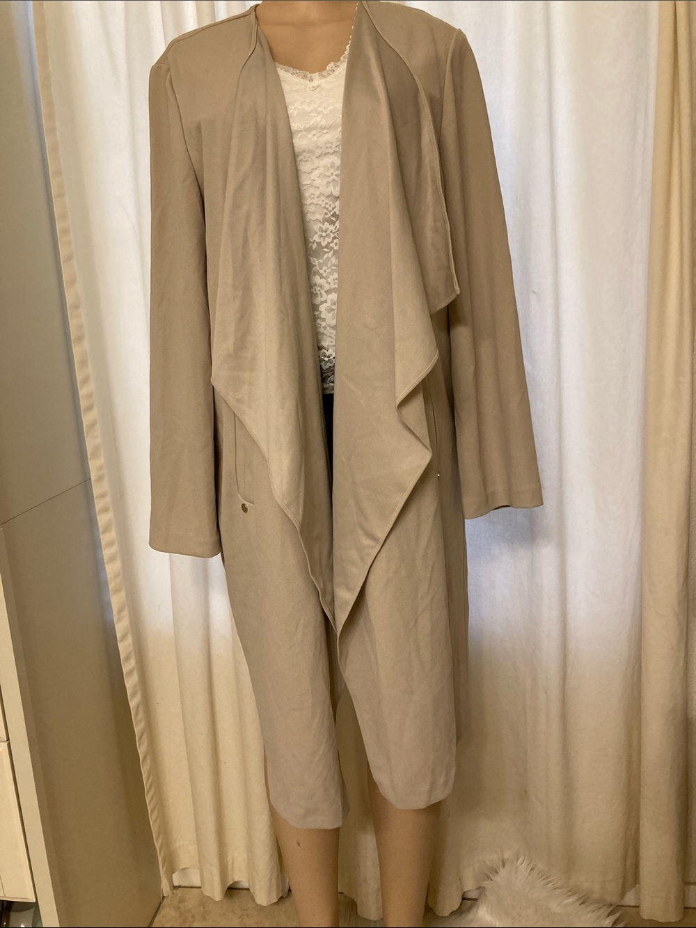 Beige Long Drape Front Women's Coat